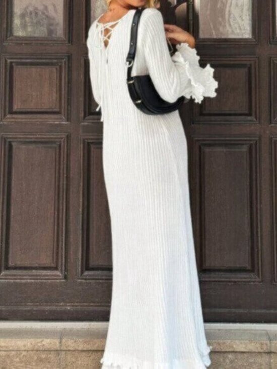 White Elegant Women's Long Sleeve Crew Neck Flare Cuff Sweater Dress - Picture 2 of 5